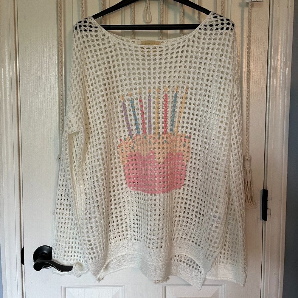 LN Judith March Piece of Cake Birthday Candle Crochet Sweater Top M